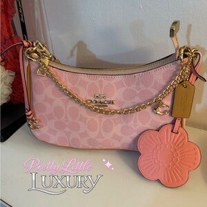 Coach Pink Powder Signature Chain-Trim Shoulder Bag with Floral Charm